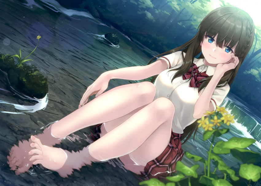 1girl absurdres bangs barefoot blue_eyes blush bow braid breasts brown_hair buttons closed_mouth day eyebrows_visible_through_hair fingernails flower forest hand_up highres huge_filesize lips long_hair looking_at_viewer medium_breasts nature original outdoors partially_submerged river rock scan school_uniform shiny shiny_hair shiny_skin short_sleeves simple_background sitting skirt solo tied_hair toes tree unasaka_ryou water wet