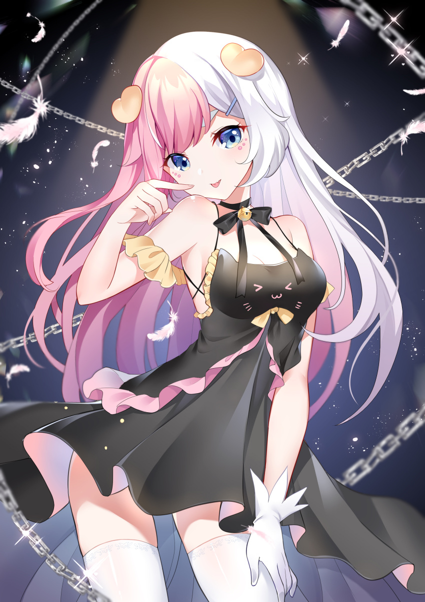 1girl absurdres armpits bangs bare_shoulders black_dress blue_eyes breasts chain choker dress fang feathers finger_to_mouth gloves gou_lianlian_dogface hair_ornament hand_up highres long_hair looking_at_viewer medium_breasts multicolored_hair open_mouth original parted_lips pink_hair sidelocks single_glove skirt solo sparkle thick_eyebrows white_gloves white_hair