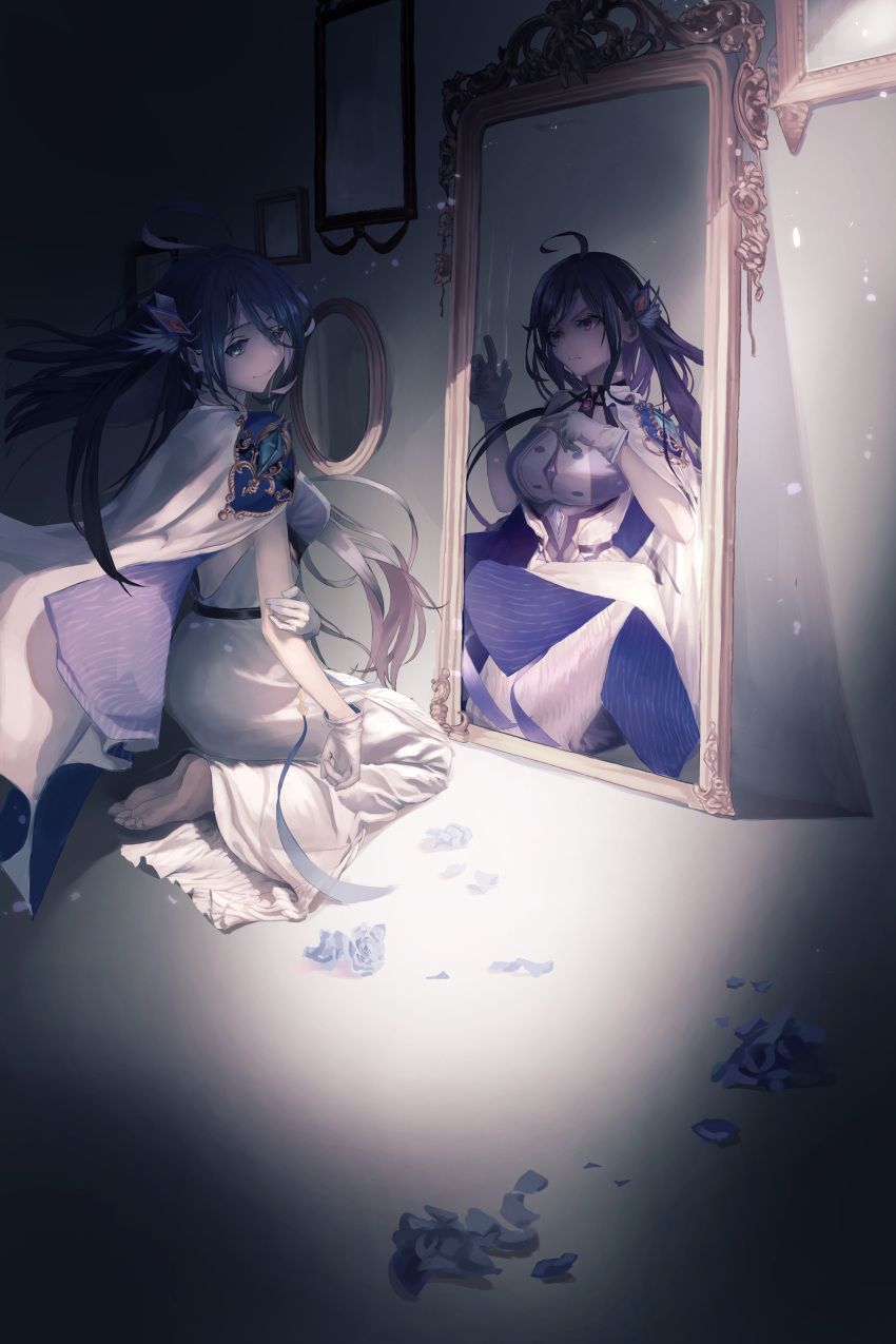 2girls absurdres ahoge bangs barefoot blue_hair breasts capelet cloak dark eyes_visible_through_hair floating_hair gloves green_eyes hair_ornament hands_up highres holding_arm long_hair long_skirt looking_at_another looking_at_viewer looking_back maronmokaet mirror multiple_girls painting_(object) reflection shadowverse sitting skirt soles violet_eyes wariza white_gloves