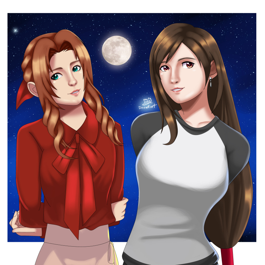 2girls aerith_gainsborough arms_behind_back black_hair braid brown_hair deviantart final_fantasy final_fantasy_vii green_eyes happy long_hair looking_at_viewer moon multicolored_sweater night night_sky ponytail red_eyes red_shirt sincity2100 smile stars tifa_lockhart