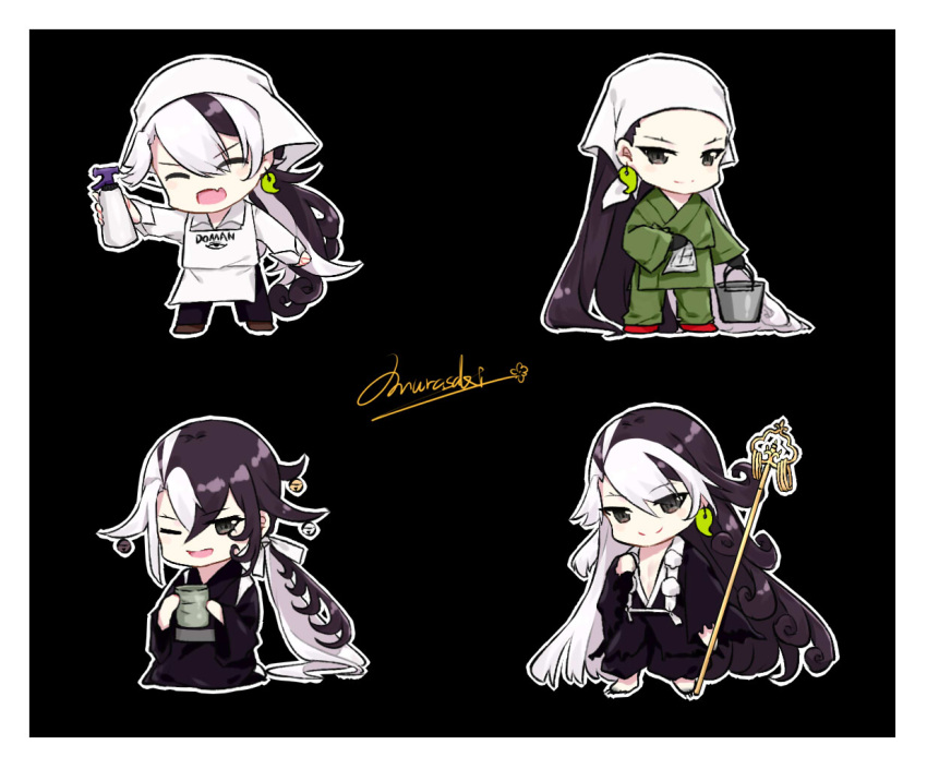 1boy alternate_costume alternate_hairstyle ashiya_douman_(fate) asymmetrical_hair bell black_eyes black_hair black_kimono chibi cleaning collage curly_hair earrings fate/grand_order fate_(series) green_eyeshadow green_kimono green_lipstick hair_bell hair_between_eyes hair_intakes hair_ornament hakama_skirt head_scarf japanese_clothes jewelry kimono lipstick long_hair magatama magatama_earrings makeup male_focus multicolored_hair one_eye_closed purionpurion smile staff two-tone_hair very_long_hair white_hair