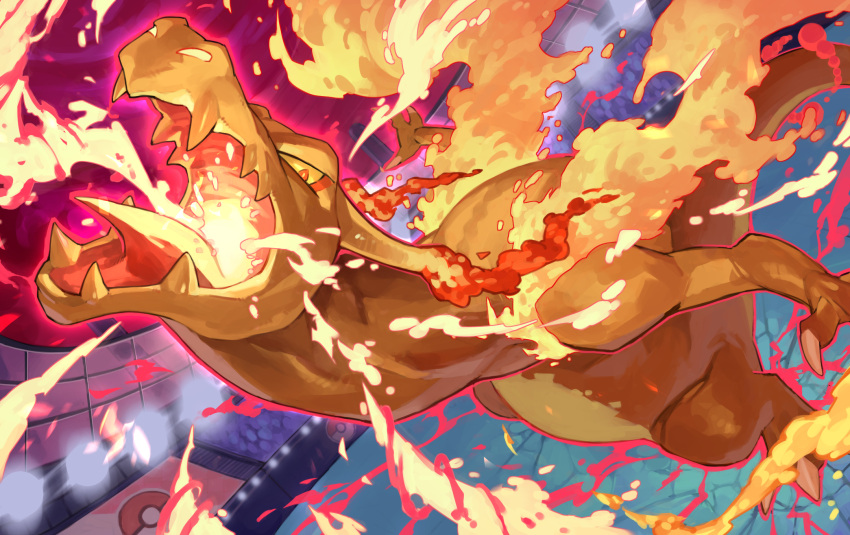 breathing_fire charizard claws colored_sclera commentary_request energy fire gen_1_pokemon gigantamax gigantamax_charizard highres looking_at_viewer no_humans orange_eyes poke_ball_symbol pokemon pokemon_(creature) stadium tapioka_chaso yellow_sclera