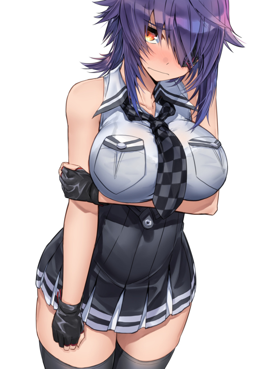 1girl between_breasts black_gloves black_legwear black_skirt breasts checkered checkered_neckwear commentary_request cowboy_shot duplicate eyepatch gloves highres kantai_collection large_breasts looking_at_viewer necktie necktie_between_breasts partially_fingerless_gloves pleated_skirt purple_hair remodel_(kantai_collection) shirt short_hair skirt sleeveless sleeveless_shirt solo standing tenryuu_(kantai_collection) thigh-highs white_shirt yellow_eyes zombie_mogura