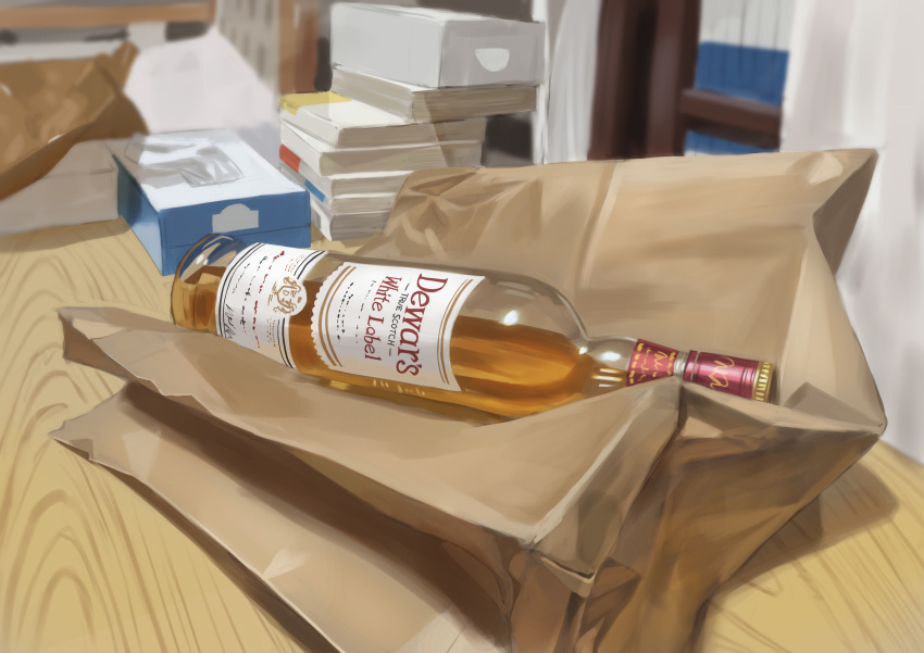 absurdres alcohol bag blurry blurry_background book book_stack bottle commentary_request dewars_scotch highres indoors no_humans original paper_bag scenery tissue_box yorishiem