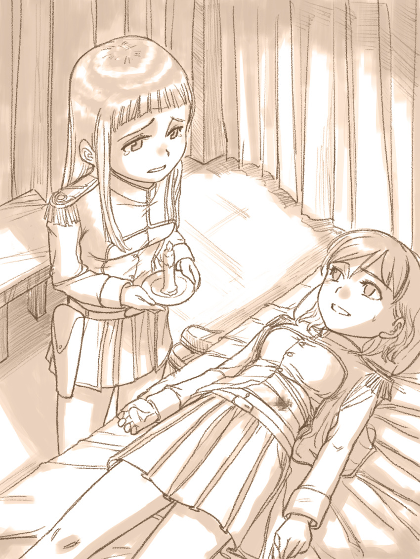 2girls adapted_uniform bandages bangs bed blood bloody_bandages blunt_bangs candle curtains epaulettes highres holster hospital_bed injury kageng lying military military_uniform multiple_girls on_back original pleated_skirt skirt soldier uniform
