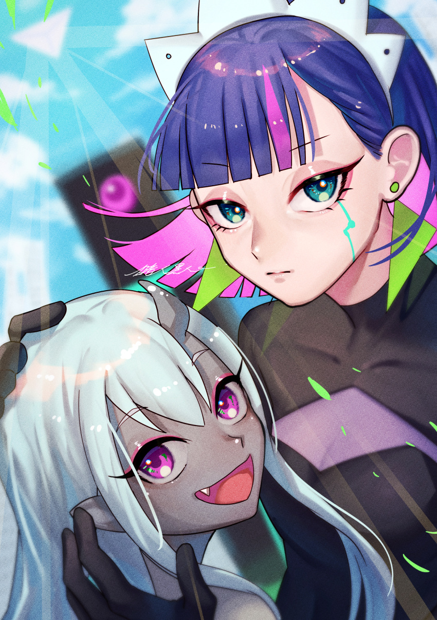 2girls :d absurdres android aqua_eyes blue_hair character_request collarbone colored_inner_hair colored_skin commentary_request earrings eyebrows_visible_through_hair fang grey_skin hand_on_another's_head highres horns huge_filesize jewelry long_hair looking_at_viewer maid maid_headdress multicolored_hair multiple_girls open_mouth pointy_ears purple_hair robot short_hair single_horn smile user_scdg8345 violet_eyes white_hair zutto_mayonaka_de_ii_no_ni