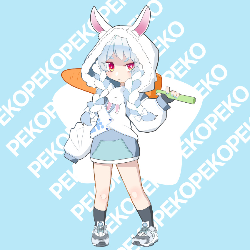 absurdres animal_ears blue_hair blush braid carrot chibi food food_themed_weapon highres holding holding_food hololive hood hood_up hoodie looking_at_viewer nga_(kashi_mille) rabbit_ears rabbit_girl red_eyes shoes short_eyebrows sleeves_past_fingers sleeves_past_wrists sneakers standing twin_braids usada_pekora v-shaped_eyebrows virtual_youtuber white_hoodie