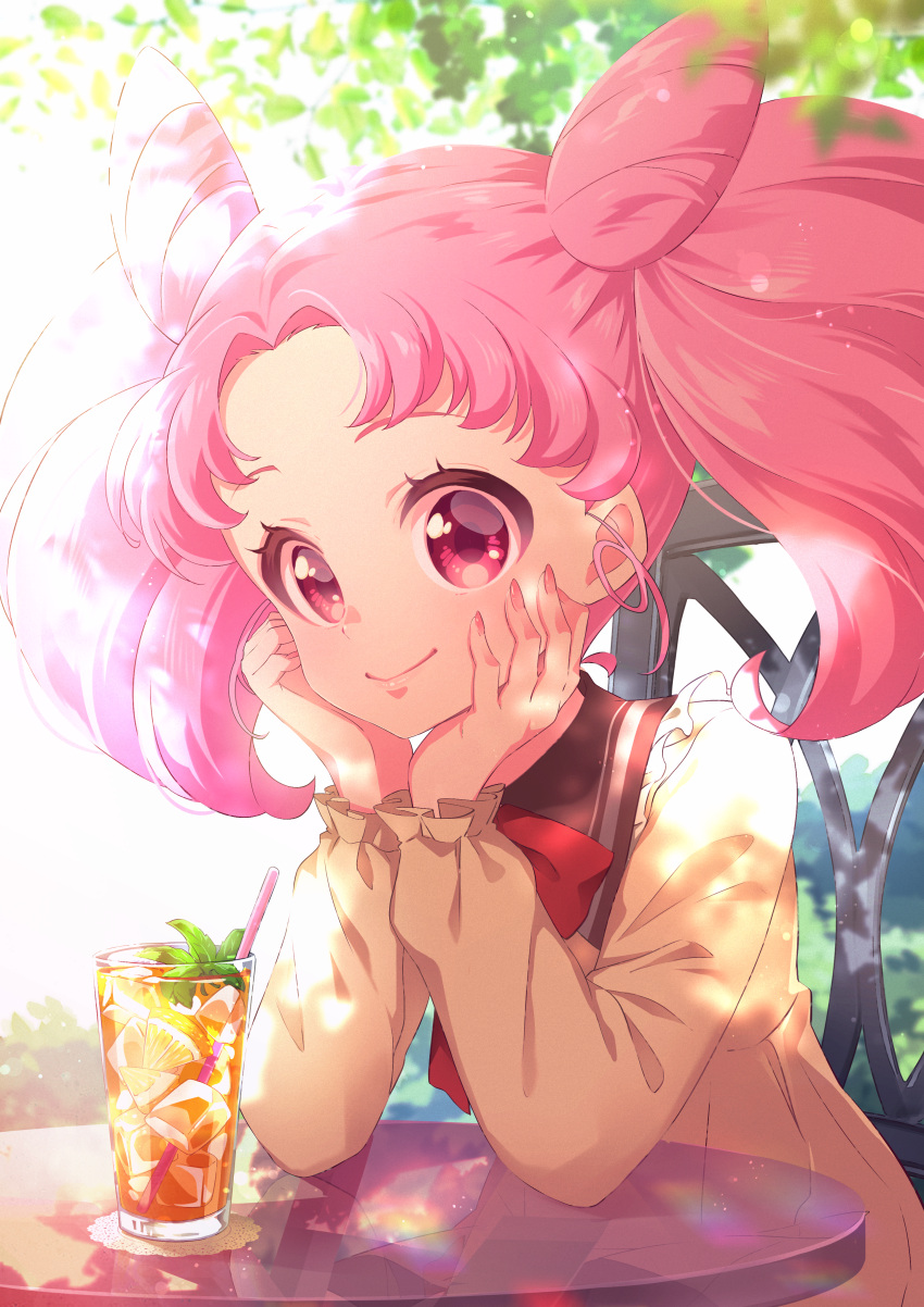 1girl absurdres bishoujo_senshi_sailor_moon chibi_usa commentary_request drink drinking_straw eriko glass highres huge_filesize long_sleeves looking_at_viewer pink_eyes pink_hair school_uniform smile solo table twintails upper_body