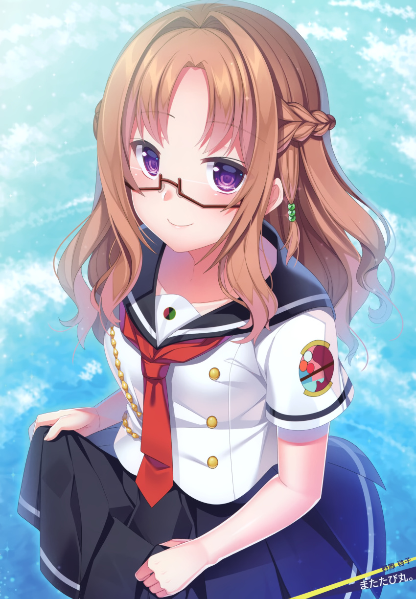 1girl absurdres artist_name black_sailor_collar black_skirt braid brown_hair character_name closed_mouth collared_shirt day french_braid glasses hair_intakes hair_ornament high_school_fleet highres long_hair looking_at_viewer matatabi_maru miniskirt neckerchief nogiwa_keiko official_art outdoors pleated_skirt red_neckwear sailor_collar sailor_shirt school_uniform semi-rimless_eyewear serafuku shiny shiny_hair shirt short_sleeves skirt skirt_hold smile solo under-rim_eyewear violet_eyes water_surface white_shirt