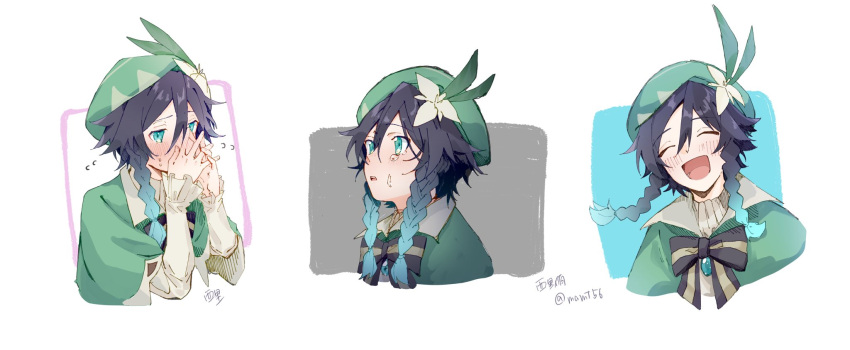 1boy bangs black_hair blue_hair blush bow braid cape crying crying_with_eyes_open flower frilled_sleeves frills gem genshin_impact gradient_hair green_eyes green_headwear hair_flower hair_ornament hands_on_own_face hat highres jewelry leaf long_sleeves looking_at_viewer male_focus mamt56 multicolored_hair open_mouth otoko_no_ko ribbon simple_background smile solo sweat tearing_up tears twin_braids venti_(genshin_impact) white_background white_flower