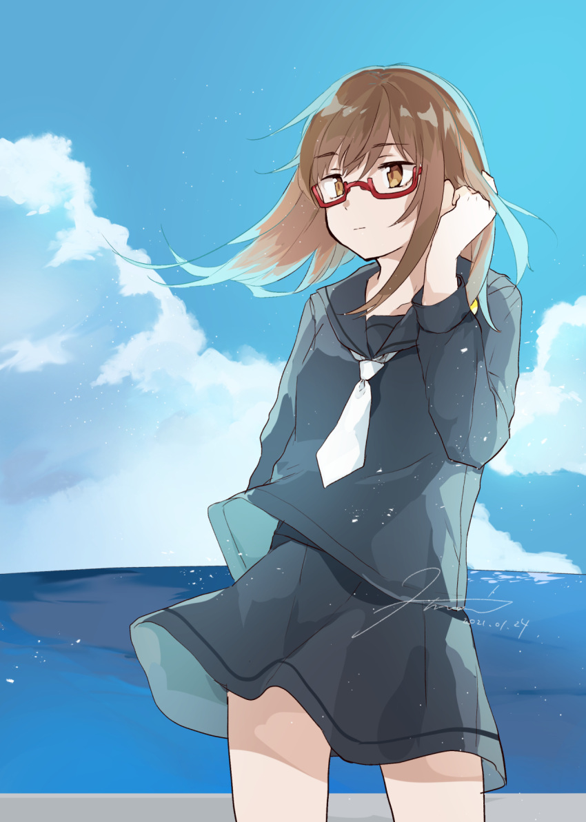 1girl black_serafuku blue_sky brown_hair clouds cowboy_shot crescent crescent_pin day highres hiroi09 kantai_collection long_hair mochizuki_(kantai_collection) necktie outdoors red-framed_eyewear school_uniform serafuku sky solo standing white_neckwear