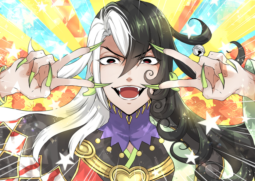 1boy ashiya_douman_(fate) asymmetrical_clothes asymmetrical_hair bell black_eyes black_hair close-up curly_hair double_v earrings emotional_engine_-_full_drive face fate/grand_order fate_(series) fingernails green_eyeshadow green_kimono green_lipstick green_nails hair_bell hair_between_eyes hair_intakes hair_ornament japanese_clothes jewelry kimono lipstick long_hair long_sleeves looking_at_viewer magatama magatama_earrings makeup male_focus multicolored_hair open_clothes open_kimono parody ribbed_sleeves romi_mykonos sharp_fingernails smile solo sparkle two-tone_hair v very_long_fingernails very_long_hair white_hair wide-eyed