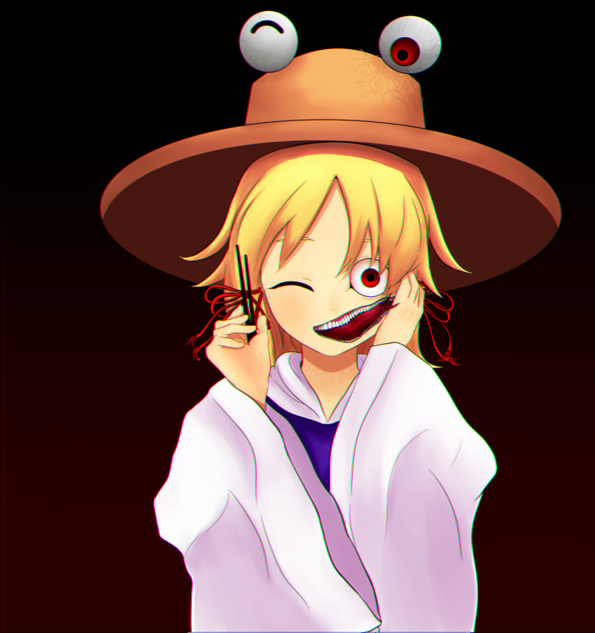 1girl absurdres bangs black_background blonde_hair bloodshot_eyes brown_headwear chromatic_aberration commentary_request cookie_(touhou) gradient gradient_background hat highres horror_(theme) kaibara_elena_(cookie) long_sleeves looking_at_viewer medium_hair moriya_suwako mumu_(0x3777) one_eye_closed open_mouth purple_vest pyonta red_background red_eyes shirt simple_background solo teeth tongue touhou upper_body veins vest white_shirt wide_sleeves