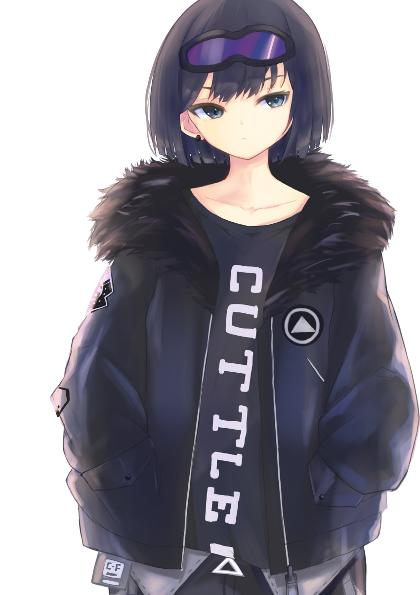 1girl absurdres andreana_(arknights) arknights bangs black_hair black_jacket black_shirt blue_eyes collarbone fur-trimmed_jacket fur_trim goggles goggles_on_head hands_in_pockets highres jacket long_sleeves mask mask_removed open_clothes open_jacket shirt short_hair simple_background solo tokoi white_background