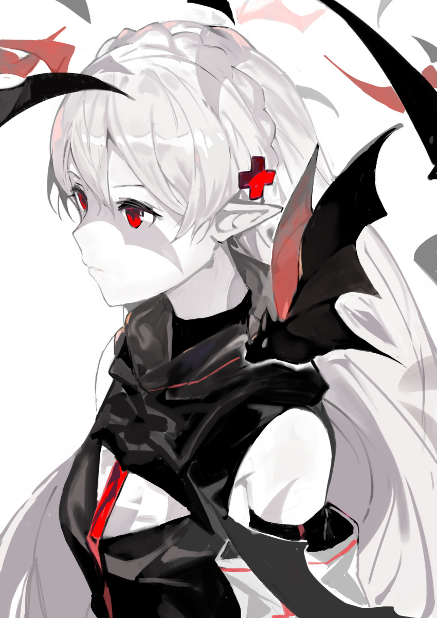 1girl alchemaniac arknights bare_shoulders bat braid crown_braid from_side hair_between_eyes highres long_hair parted_lips pointy_ears red_eyes solo spot_color upper_body vampire_bat warfarin_(arknights) white_background