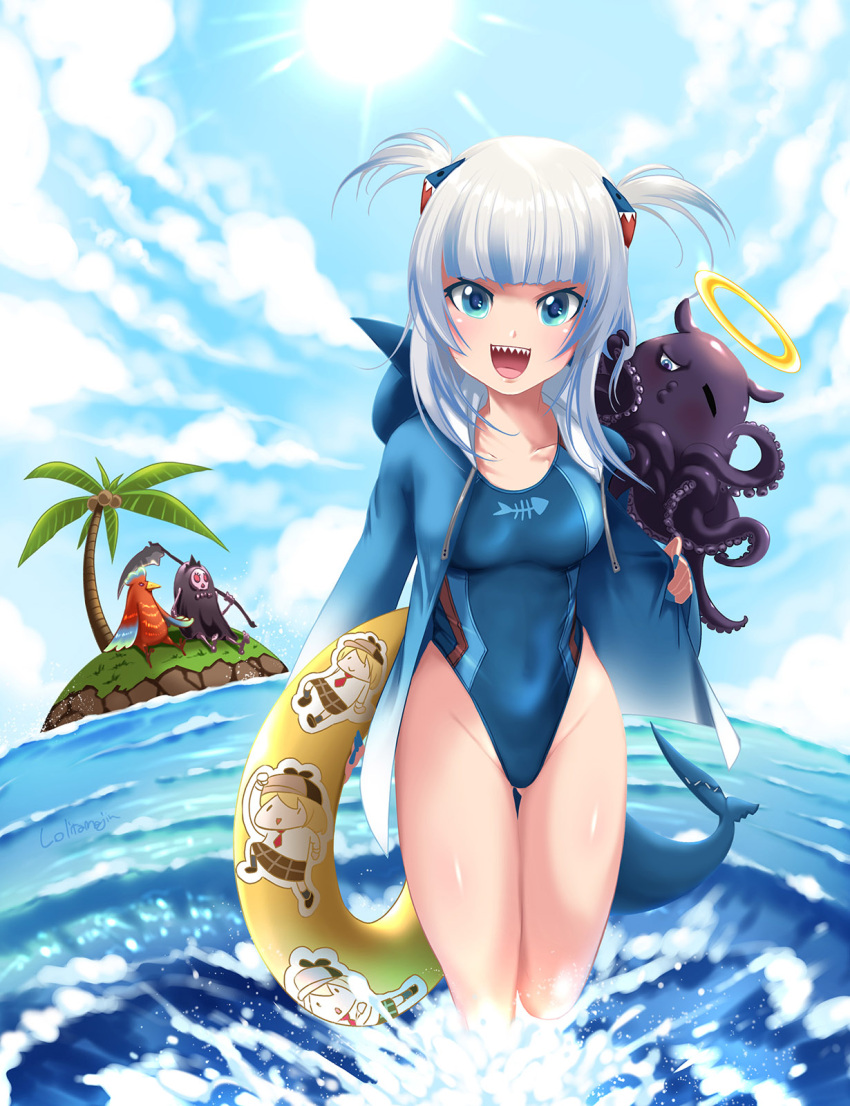 1girl animalization bangs bloop_(gawr_gura) blue_eyes blue_sky blue_swimsuit blunt_bangs character_name clouds commentary_request competition_swimsuit cowboy_shot day fish_tail gawr_gura highleg highleg_swimsuit highres hololive hololive_english island lolita_majin medium_hair mori_calliope multicolored_hair ninomae_ina'nis ocean one-piece_swimsuit outdoors shark_girl shark_tail sharp_teeth silver_hair sky soaking_feet standing streaked_hair swimsuit tail takanashi_kiara takanashi_kiara_(phoenix) teeth two_side_up virtual_youtuber water watson_amelia