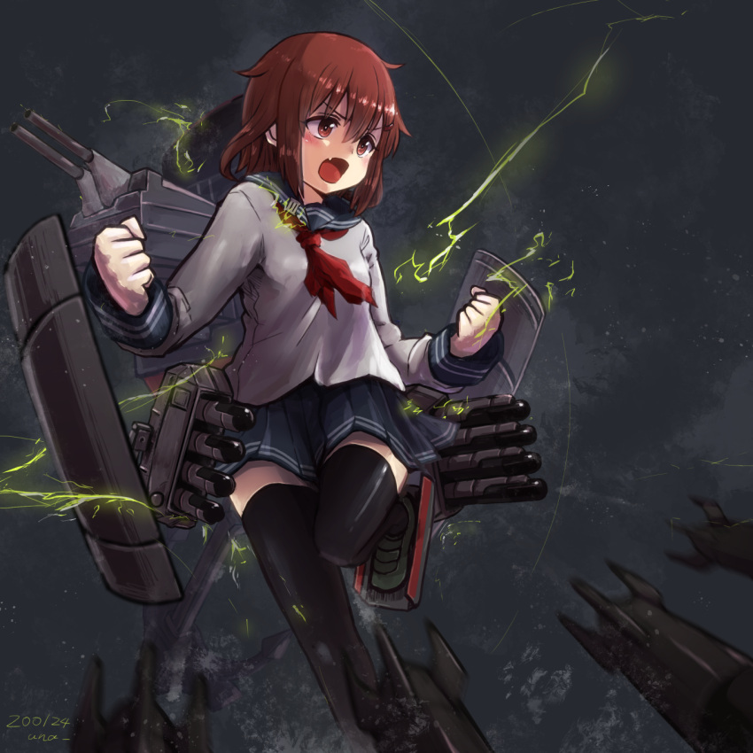 1girl anchor_symbol black_legwear black_sailor_collar black_skirt blush brown_eyes brown_hair dated electricity eyebrows_visible_through_hair fang hair_between_eyes hair_ornament hairclip highres ikazuchi_(kantai_collection) kantai_collection long_sleeves machinery neckerchief open_mouth pleated_skirt red_neckwear rigging sailor_collar school_uniform serafuku short_hair signature skirt solo thigh-highs torpedo turret unagiman