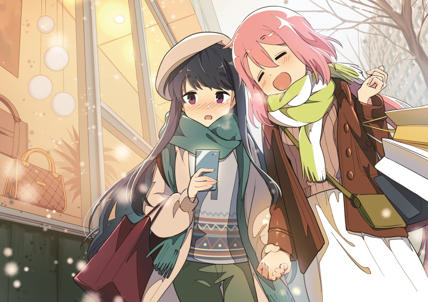 2girls bag beret blue_hair blush building cellphone closed_eyes clouds cloudy_sky commentary couple embarrassed handbag hat highres holding holding_hands holding_phone hotaru_iori jacket kagamihara_nadeshiko long_hair looking_at_phone looking_to_the_side medium_hair multiple_girls open_mouth outdoors pants phone pink_hair scarf shima_rin shirt shop shopping_bag skirt sky smartphone smile snow storefront tree violet_eyes walking window winter yuri yurucamp