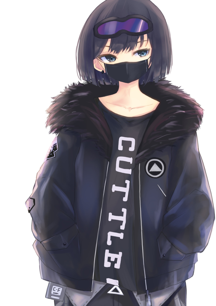 1girl absurdres andreana_(arknights) arknights bangs black_hair black_jacket black_shirt blue_eyes collarbone fur-trimmed_jacket fur_trim goggles goggles_on_head hands_in_pockets highres jacket long_sleeves mask mouth_mask open_clothes open_jacket shirt short_hair simple_background solo surgical_mask tokoi white_background
