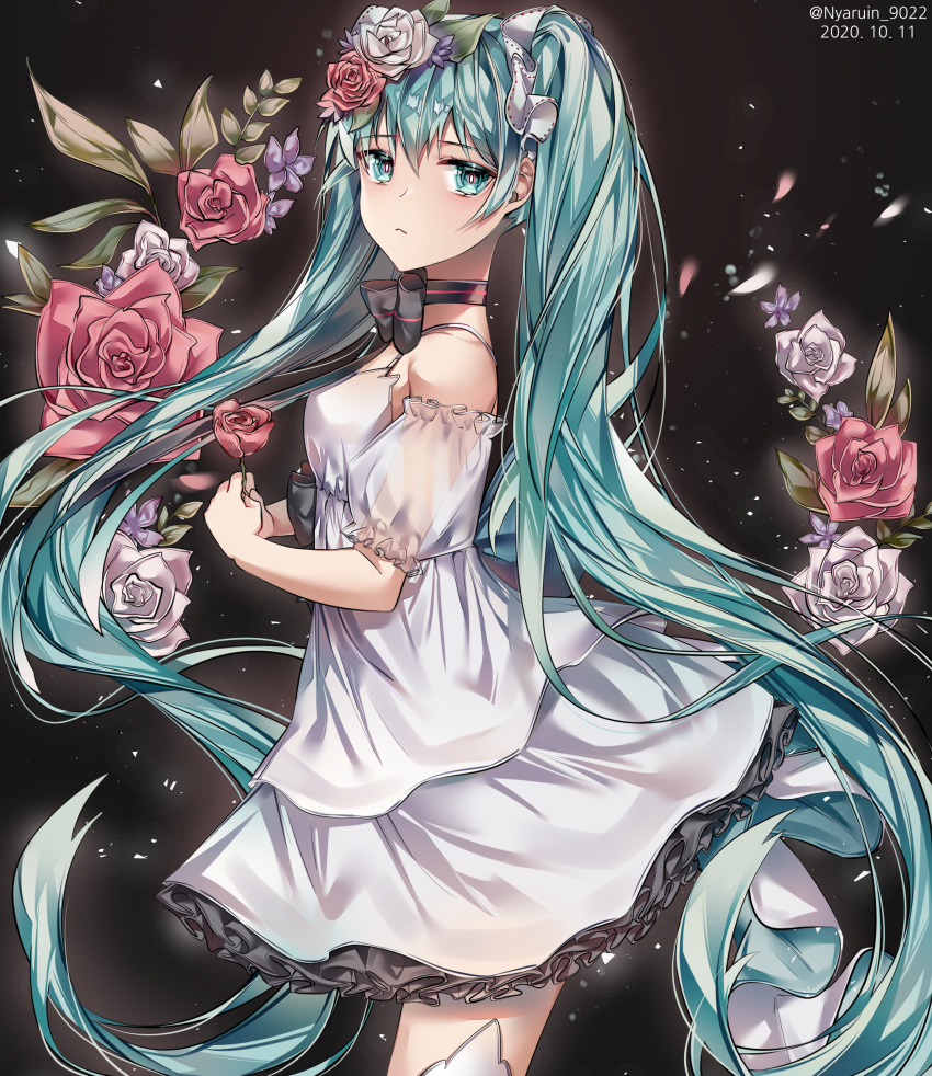 1girl 2020 bangs black_background black_bow blue_eyes blue_hair bow closed_mouth cowboy_shot dated eyebrows_visible_through_hair floating_hair flower from_side frown hair_between_eyes hair_flower hair_ornament hatsune_miku highres holding holding_flower layered_skirt long_hair looking_at_viewer miniskirt nyaruin pink_flower pink_rose rose shiny shiny_hair shirt short_sleeves skirt sleeveless sleeveless_shirt solo spaghetti_strap standing twintails twitter_username very_long_hair vocaloid white_flower white_shirt white_skirt white_sleeves