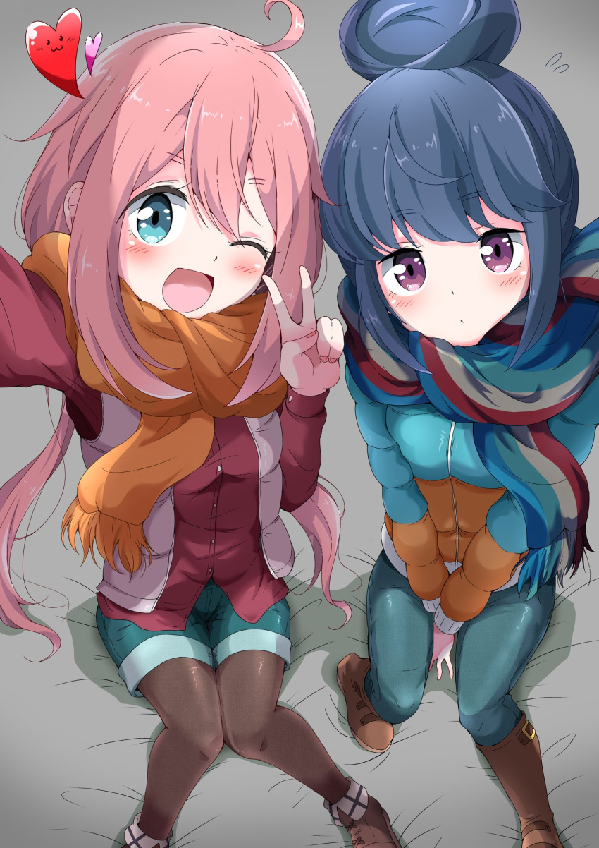 2girls ;d ahoge bangs blue_eyes blue_hair blush closed_mouth eggman_(pixiv28975023) eyebrows_visible_through_hair hair_between_eyes hair_bun hands_up highres holding jacket kagamihara_nadeshiko long_hair long_sleeves looking_at_viewer multiple_girls one_eye_closed open_mouth orange_scarf pantyhose pink_hair scarf self_shot shima_rin shorts sidelocks simple_background sitting smile v violet_eyes yurucamp