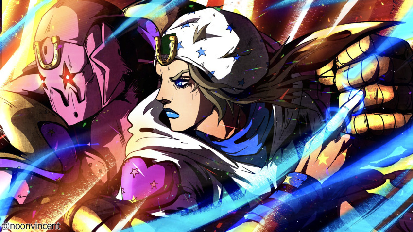 Safebooru - 1boy blonde hair blue eyes blue lipstick brown hair hat heart  highres hood hoodie horseshoe johnny joestar jojo no kimyou na bouken  lipstick makeup male focus medium hair noonvincent pointing