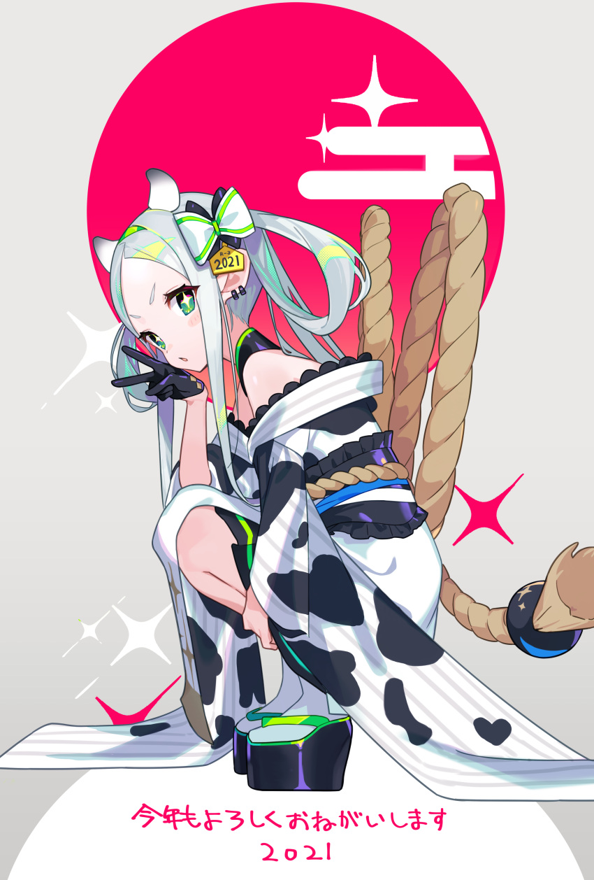 +_+ 1girl 2021 absurdres animal_print black_gloves blush_stickers bow cow_girl cow_horns cow_print detached_collar diffraction_spikes dot_nose ear_piercing egasumi eyes_visible_through_hair frills full_body furisode gloves green_eyes hair_bow hair_rings half_gloves halftone highres horns japanese_clothes kimono long_hair long_sleeves looking_at_viewer obi off_shoulder okobo open_mouth original pelvic_curtain piercing rope sash shimenawa shirama_(c2h76_5) short_eyebrows sidelocks single_glove solo squatting symbol_commentary tabi translated v white_hair