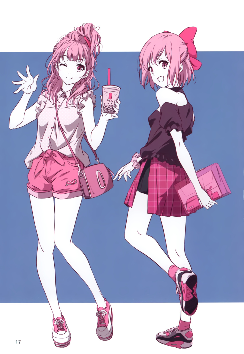 2girls ;) absurdres bag black_shirt blue_background border bow closed_mouth curly_hair drinking_straw full_body grey_shirt grin hair_bow handbag highres holding leg_up letterboxed limited_palette long_hair looking_at_viewer miniskirt multiple_girls nii_manabu off-shoulder_shirt off_shoulder one_eye_closed original page_number pink_bow pink_eyes pink_hair pink_legwear pink_shorts pink_skirt plaid plaid_skirt pleated_skirt shirt shoes short_hair short_shorts short_sleeves shorts skirt sleeveless sleeveless_shirt smile sneakers socks standing standing_on_one_leg tied_hair white_border