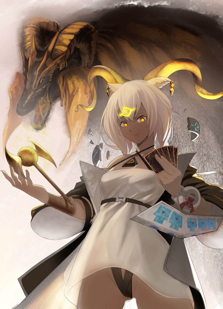 1girl absurdres animal_ears arknights bangs beeswax_(arknights) black_jacket card crossover dress duel_disk goat_ears goat_horns gold_horns highres holding holding_card horns infection_monitor_(arknights) jacket kulve_taroth long_sleeves looking_at_viewer monster_hunter monster_hunter:_world mowangzhanjiang off-shoulder_dress off_shoulder open_clothes open_jacket short_hair white_dress white_hair yellow_eyes yu-gi-oh!