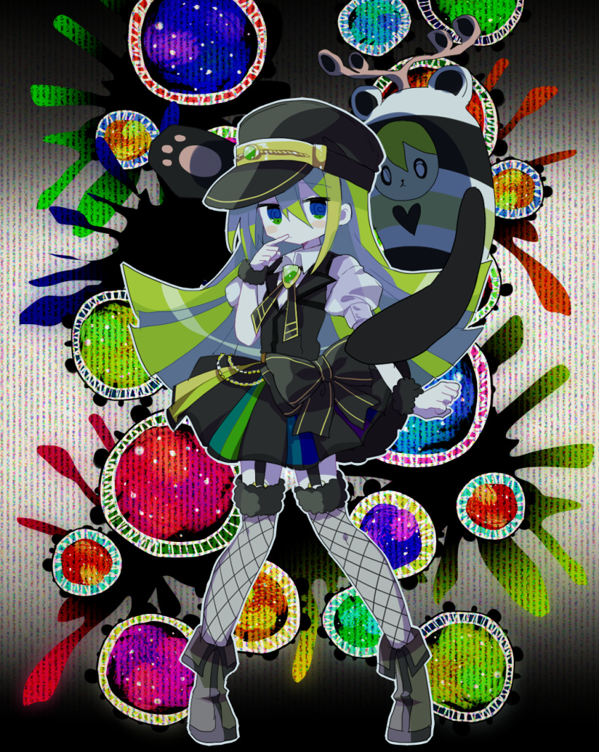 1girl alina_gray black_footwear black_headwear black_ribbon black_vest boots collared_shirt expressionless finger_to_mouth fishnet_legwear fishnets fur-trimmed_legwear fur_bracelet fur_trim garter_straps green_hair hair_between_eyes hat highres long_hair magia_record:_mahou_shoujo_madoka_magica_gaiden magical_girl mahou_shoujo_madoka_magica momomotsu multicolored multicolored_clothes multicolored_skirt puffy_short_sleeves puffy_sleeves ribbon see-through_shirt see-through_sleeves shirt short_sleeves skirt soul_gem standing vest white_shirt