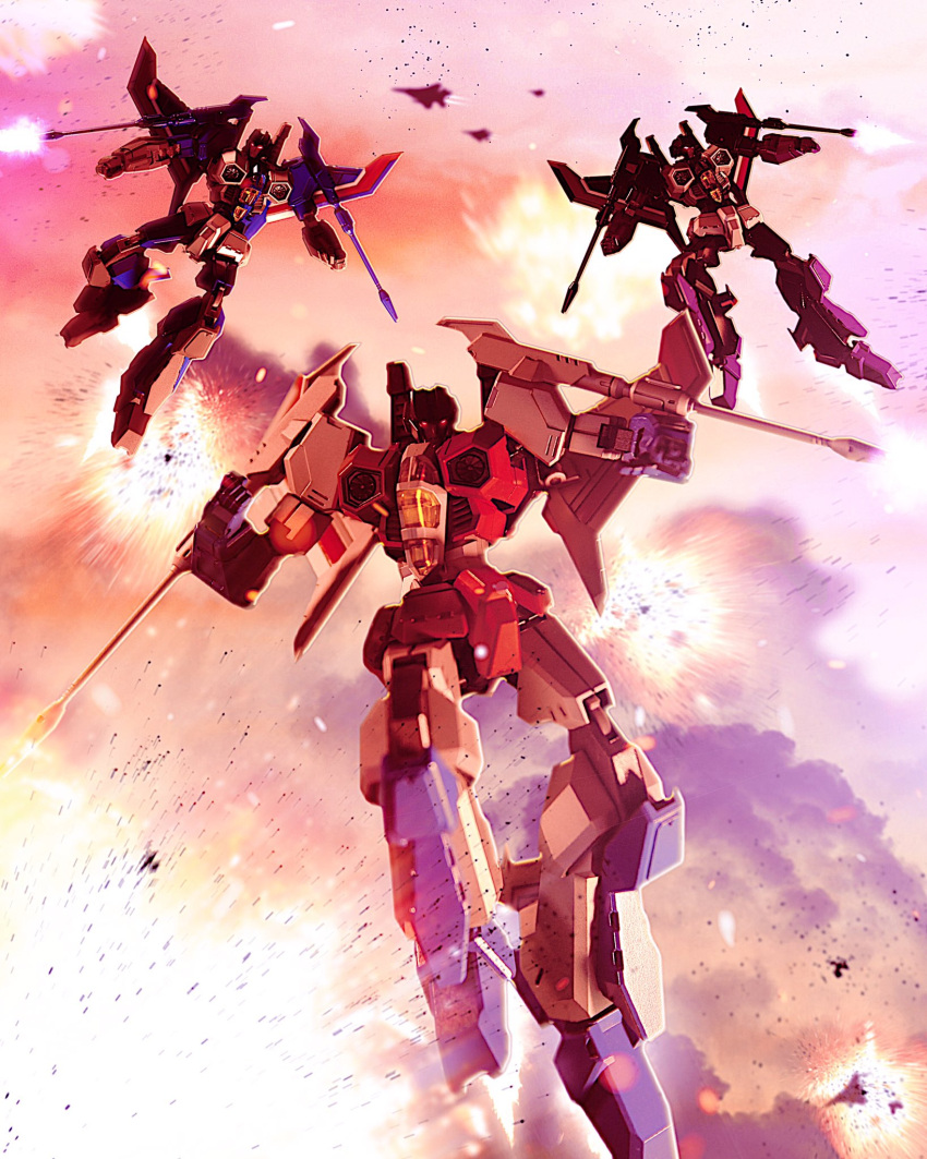 3boys airplane_wing arm_cannon clenched_hands clouds cybertronwar decepticon english_commentary explosion firing flame_toys flying glowing glowing_eyes highres looking_down mecha multiple_boys no_humans red_eyes sky skywarp starscream thundercracker transformers weapon