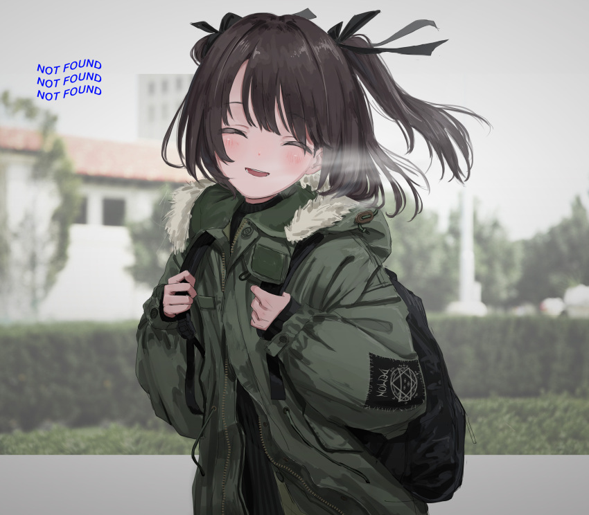 1girl absurdres backpack bag bangs black_sweater blurry blurry_background blush breath brown_hair closed_eyes eyebrows_visible_through_hair fur-trimmed_jacket fur_trim green_jacket hair_ribbon highres jacket long_sleeves medium_hair nadegata open_mouth original outdoors ribbed_sweater ribbon solo sweater two_side_up