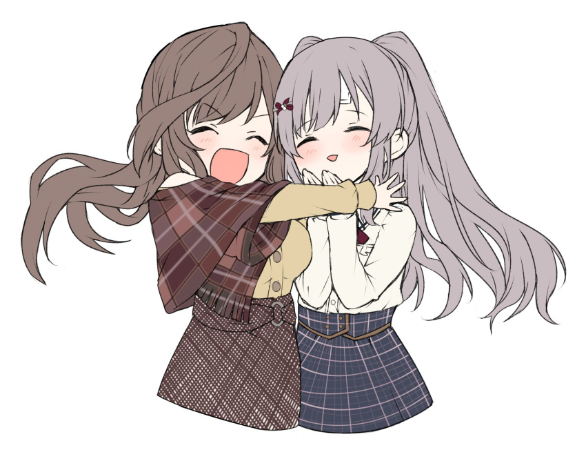 2girls bandaid bandaid_on_forehead blush breasts brown_hair brown_skirt chibi closed_eyes cowboy_shot grey_hair hair_ornament hairclip hanetsuka high-waist_skirt highres hug idolmaster idolmaster_shiny_colors large_breasts long_hair long_sleeves multiple_girls open_mouth plaid plaid_skirt shirt skirt tsukioka_kogane twintails white_shirt yellow_shirt yuukoku_kiriko