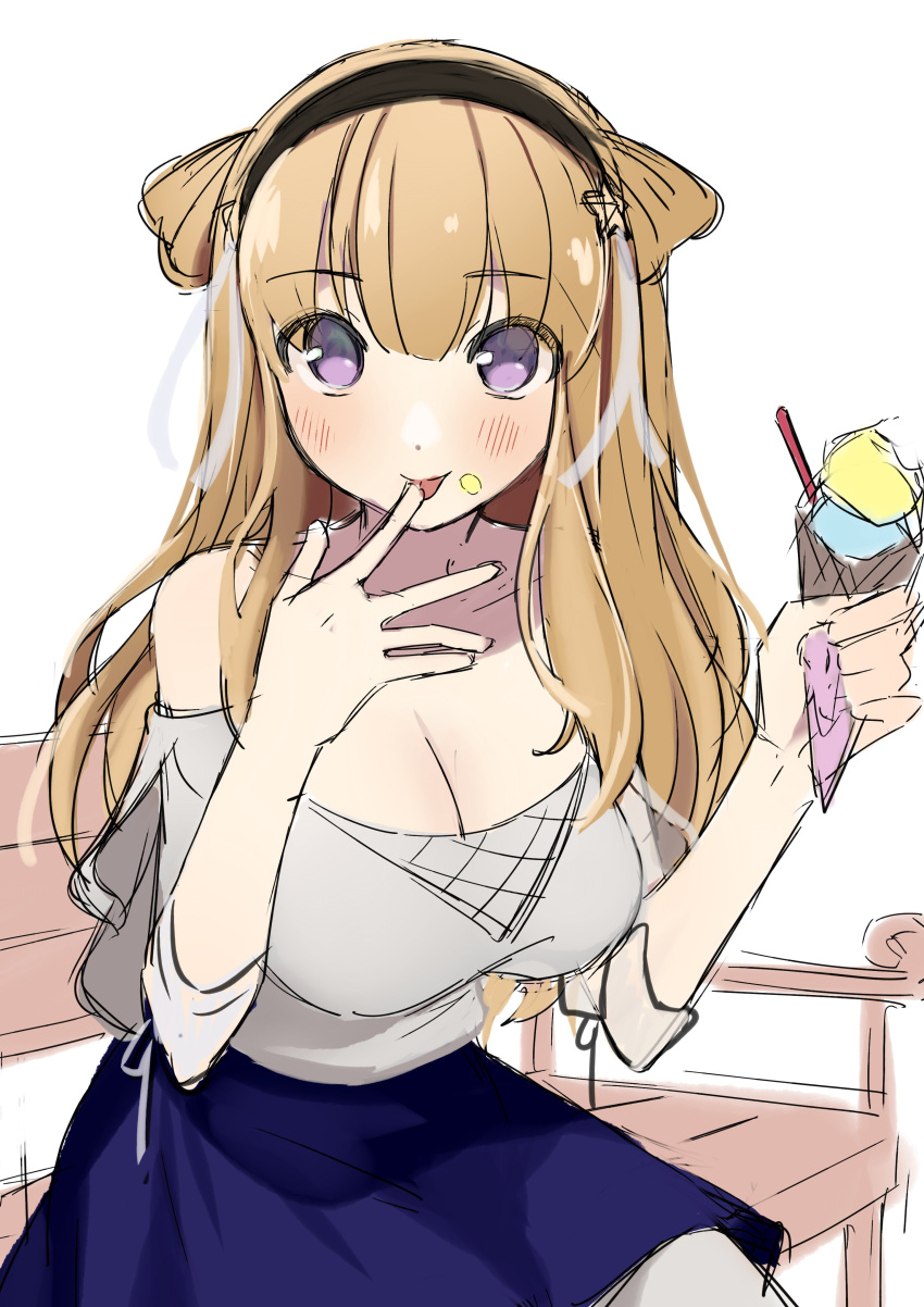 1girl absurdres bench blonde_hair blouse breasts cowboy_shot double_bun finger_licking fletcher_(kantai_collection) food food_on_face hair_ornament hairband highres ice_cream ice_cream_on_face kantai_collection large_breasts licking long_hair off_shoulder sketch solo star_(symbol) star_hair_ornament tongue tongue_out toriniku_senshi_chikinman violet_eyes white_background white_blouse