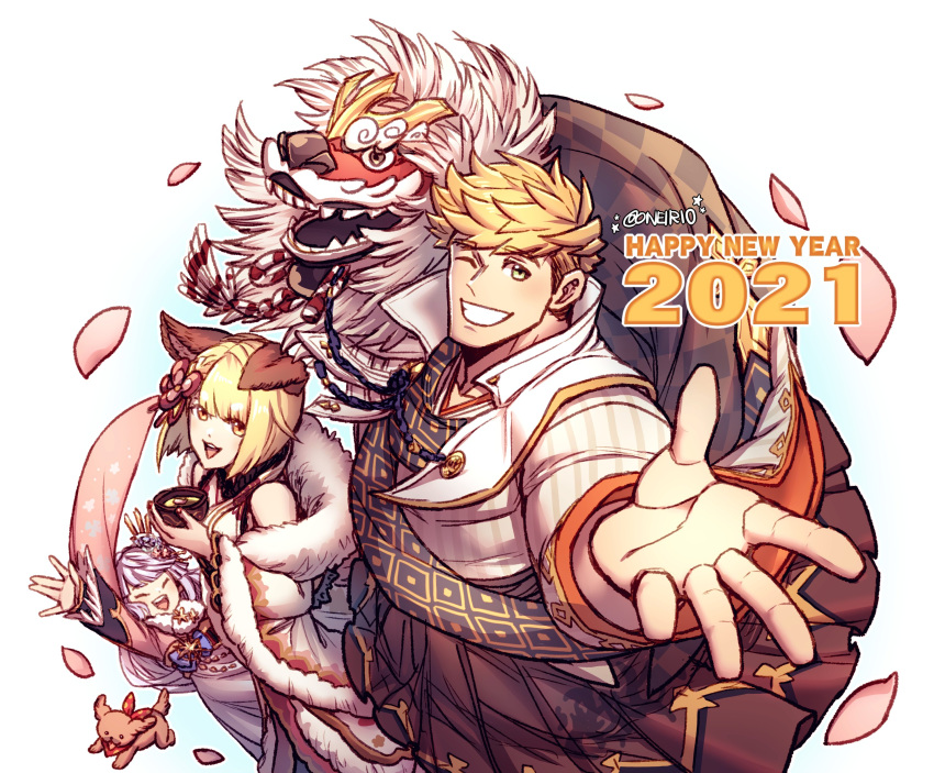 1boy 2021 2girls absurdres alternate_costume animal blonde_hair character_request chinese_new_year foreshortening from_side granblue_fantasy green_eyes happy_new_year highres lion_dance multiple_girls muscular muscular_male new_year one_eye_closed oneirio pectorals petals scarf short_hair smile vane_(granblue_fantasy)