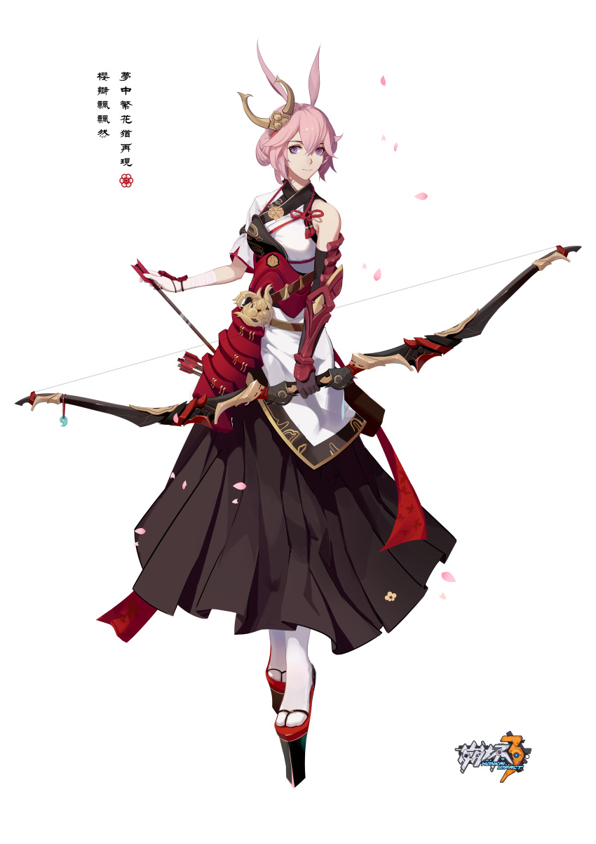 1girl absurdres animal_ears archery armor arrow_(projectile) bandaged_arm bandages bare_shoulders benghuai_xueyuan black_gloves bow bow_(weapon) cheeky_little_star cherry_blossoms copyright_name elbow_gloves fox_ears gloves hair_bun hair_ornament hakama highres holding holding_arrow holding_bow_(weapon) holding_weapon honkai_(series) honkai_impact_3rd japanese_clothes kanji kyuudou logo looking_at_viewer mitsudomoe_(shape) muneate petals pink_hair platform_footwear rope shimenawa simple_background single_bare_shoulder single_elbow_glove single_sleeve solo tabi tomoe_(symbol) vambraces weapon white_background yae_sakura