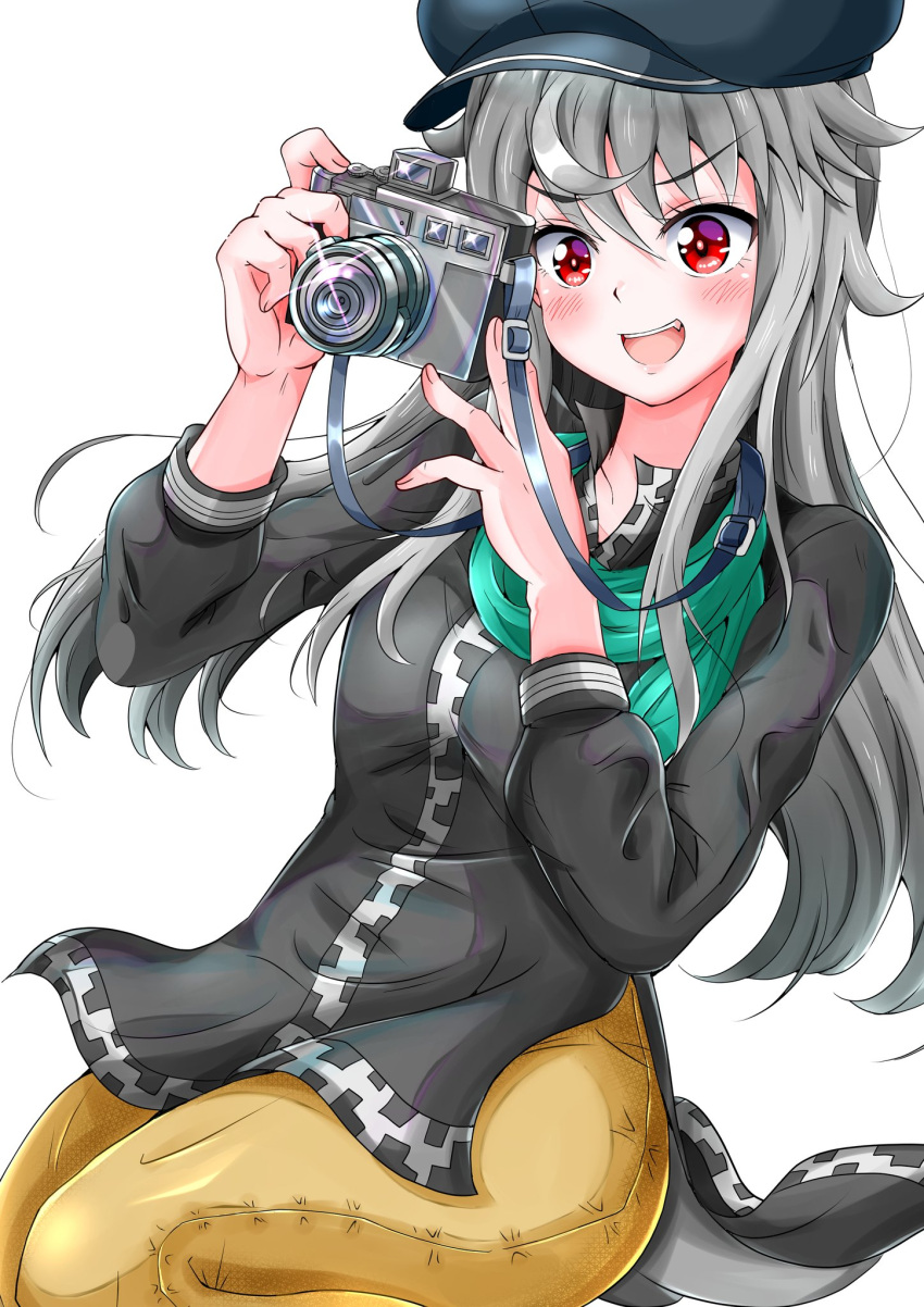 1girl alice_gear_aegis bangs blush camera eggman_(pixiv28975023) eyebrows_visible_through_hair fang grey_hair hair_between_eyes hands_up hat highres holding holding_camera jinguuji_mari long_hair long_sleeves looking_at_object open_mouth red_eyes simple_background upper_teeth white_background