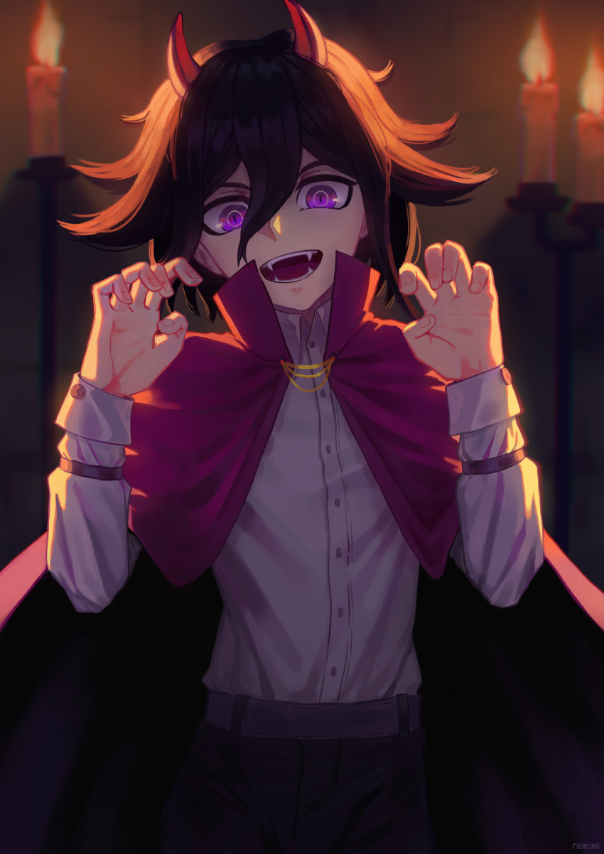 1boy :d absurdres alternate_costume bangs black_pants candle cape claw_pose commentary dangan_ronpa_(series) dangan_ronpa_v3:_killing_harmony demon_horns dress_shirt fangs hair_between_eyes hands_up highres horns long_sleeves looking_at_viewer male_focus open_mouth ouma_kokichi pants pink_cape remonoart shirt shirt_tucked_in short_hair smile solo violet_eyes white_shirt