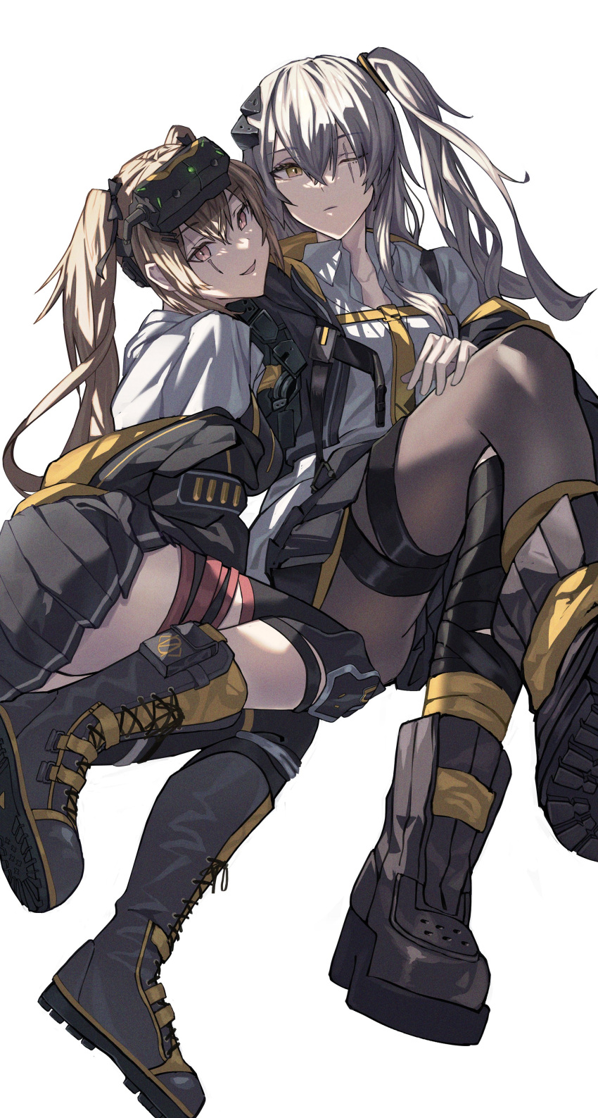 2girls absurdres black_jacket boots brown_eyes brown_hair combat_boots from_below fujita_(condor) girls_frontline grey_skirt highres jacket long_hair looking_at_viewer multiple_girls night_vision_device one_eye_closed pantyhose scar scar_across_eye scar_on_face shirt simple_background skirt smile twintails ump45_(girls'_frontline) ump9_(girls'_frontline) white_background white_hair white_shirt yellow_eyes