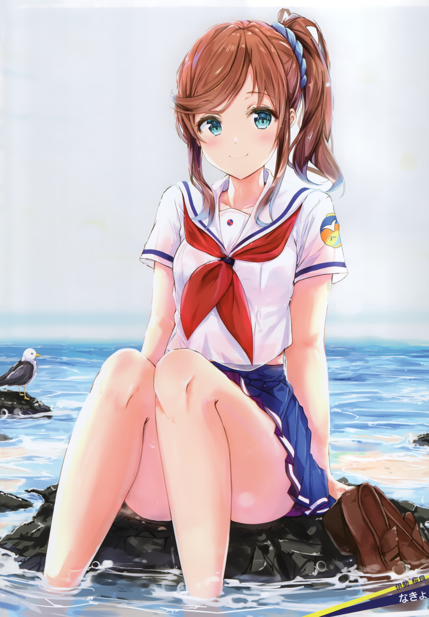 1girl absurdres aqua_eyes artist_name bangs bird blue_scrunchie blue_skirt blush brown_footwear brown_hair character_name closed_mouth clouds cloudy_sky collared_shirt day hair_ornament hair_scrunchie high_school_fleet highres ise_sakura loafers long_hair looking_at_viewer miniskirt na_kyo neckerchief ocean official_art outdoors pleated_skirt red_neckwear sailor_collar sailor_shirt school_uniform scrunchie serafuku shiny shiny_hair shirt shoe_removed shoes short_sleeves side_ponytail sitting skirt sky smile solo swept_bangs white_sailor_collar white_shirt yokosuka_girls_marine_high_school_uniform