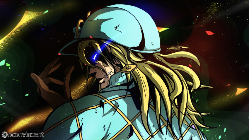 1boy bandage_on_face bandages bandaid bandaid_on_face blonde_hair blue_eyes diego_brando gloves glowing glowing_eyes green_headwear green_shirt hat helmet highres jojo_no_kimyou_na_bouken male_focus noonvincent pose scary_monsters_(stand) shirt solo stand_(jojo) steel_ball_run sweater turtleneck turtleneck_sweater