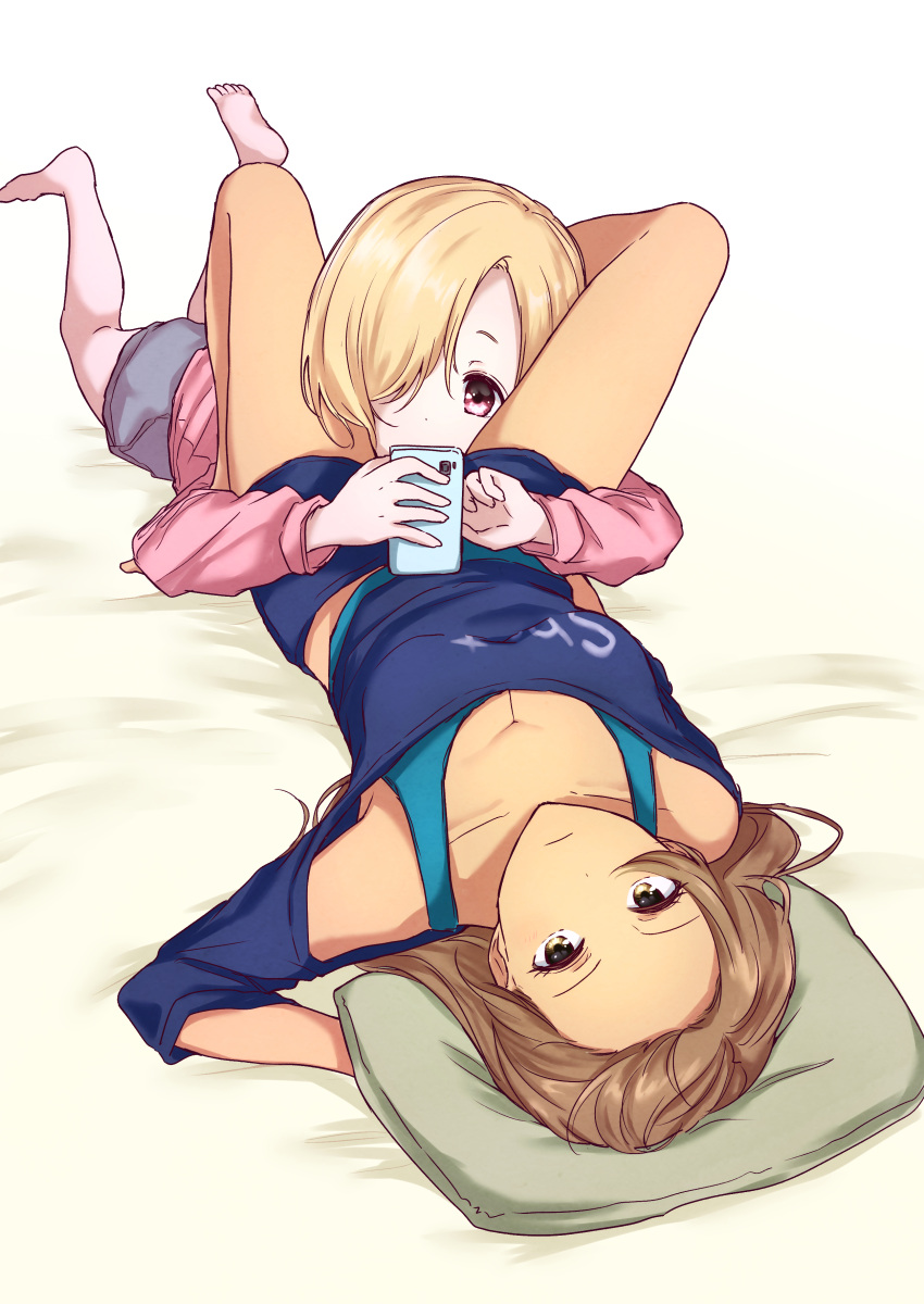 2girls absurdres barefoot between_thighs blonde_hair brown_eyes brown_hair cellphone duplicate hair_over_one_eye head_between_thighs highres idolmaster idolmaster_cinderella_girls long_hair lying matsunaga_ryou meimei_color multiple_girls on_back on_stomach phone pillow red_eyes shirasaka_koume short_hair smartphone tan yuri