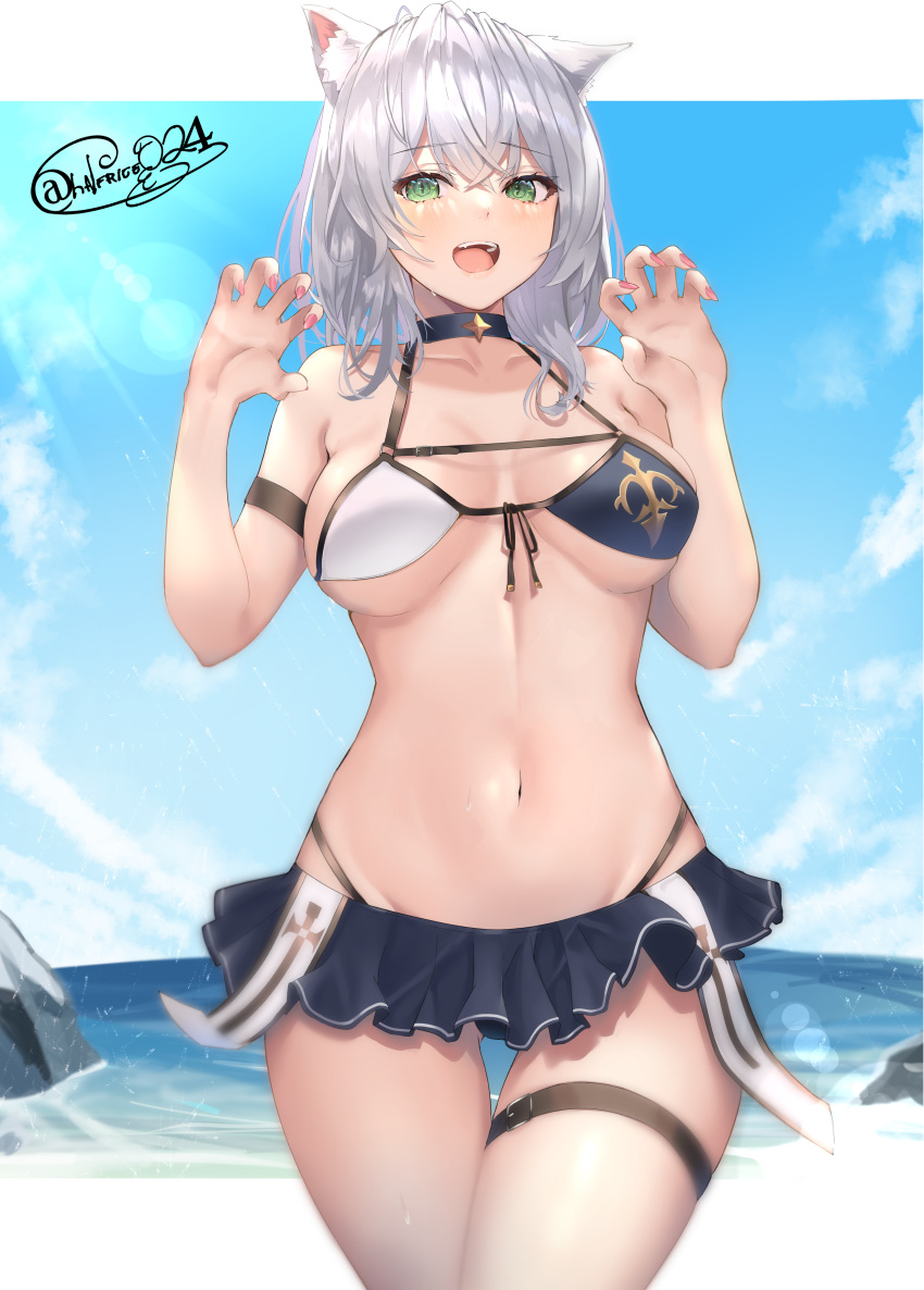 1girl :d absurdres anchor_symbol animal_ears bikini blue_skirt breasts choker claw_pose collarbone cowboy_shot eyebrows_visible_through_hair facing_viewer front-tie_bikini front-tie_top green_eyes grey_hair highres hololive large_breasts lens_flare medium_hair miniskirt nail_polish navel open_hands open_mouth outdoors pink_nails shiina_aoi shirogane_noel skirt smile solo swimsuit thigh_strap twitter_username under_boob upper_teeth virtual_youtuber