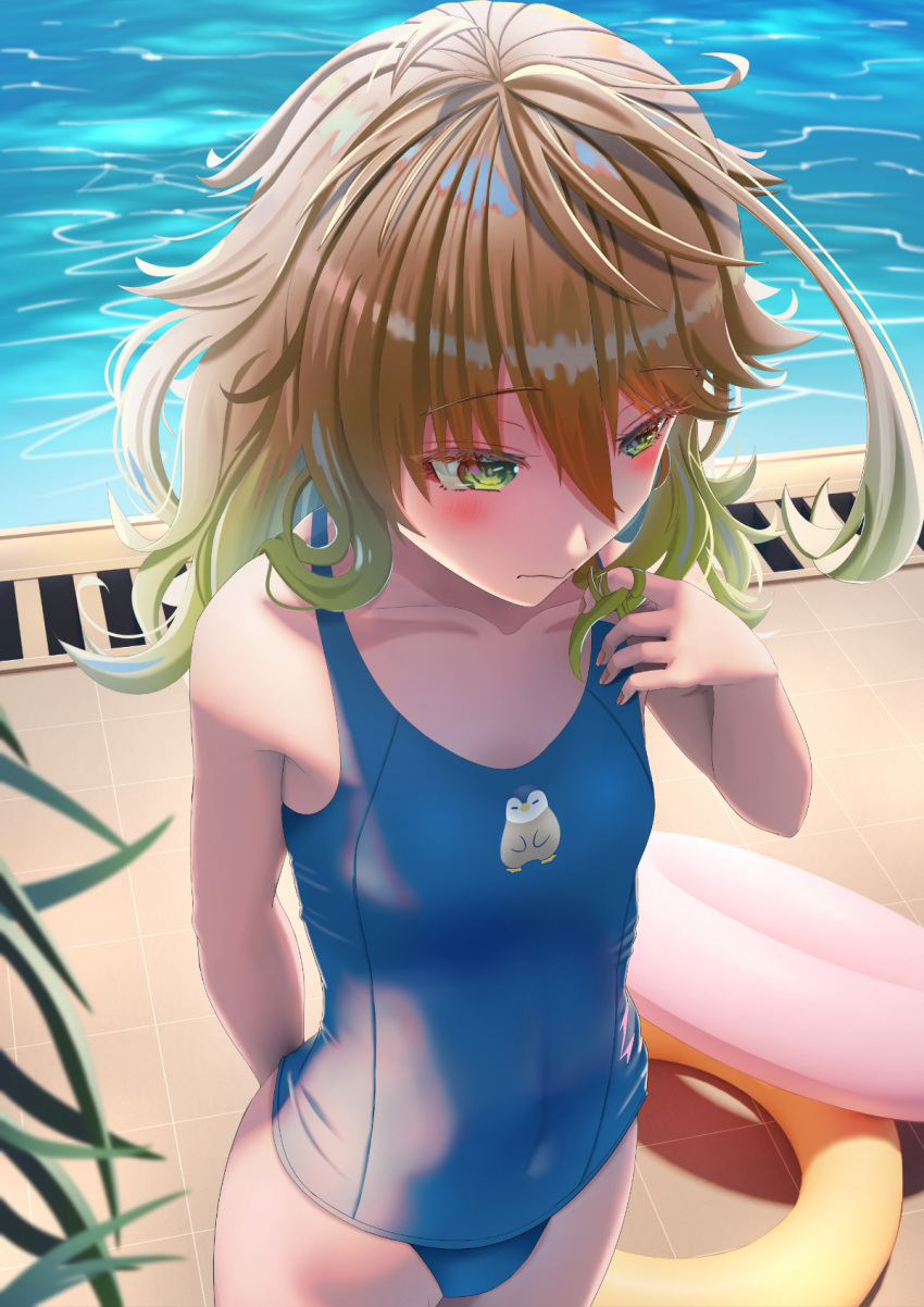 1girl ahoge amicia_michella animal_ears bird blonde_hair bloodyblack blue_swimsuit covered_navel cow_ears cow_horns cow_tail english_commentary flat_chest green_eyes highres horns innertube nijisanji_id penguin pool poolside school_swimsuit short_hair solo swimsuit tail virtual_youtuber