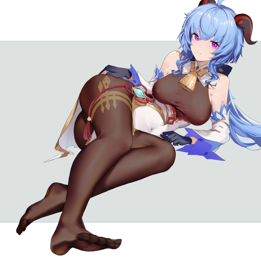 1girl absurdres ahoge bare_shoulders bell black_legwear blue_hair bodysuit_under_clothes bow breasts cowbell detached_sleeves feet ganyu_(genshin_impact) genshin_impact gloves hair_bow highres horns kato(kato) large_breasts long_sleeves looking_at_viewer no_shoes smile soles toes violet_eyes