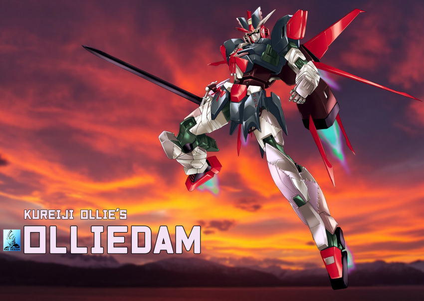 aile_strike_gundam character_name earthree_gundam english_commentary flying fusion gundam gundam_build_divers gundam_build_divers_re:rise gundam_seed highres holding holding_sword holding_weapon hololive hololive_indonesia kureiji_ollie looking_at_viewer looking_down mecha mechanical_wings no_humans open_hand pravin_rao_santheran science_fiction sky solo sunset sword v-fin virtual_youtuber weapon wings