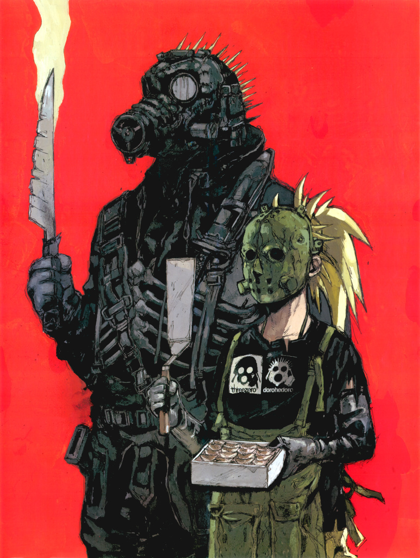 absurdres armor dorohedoro food highres jacket kaiman_(dorohedoro) knife mask nikaidou_(dorohedoro) q._hayashida simple_background standing