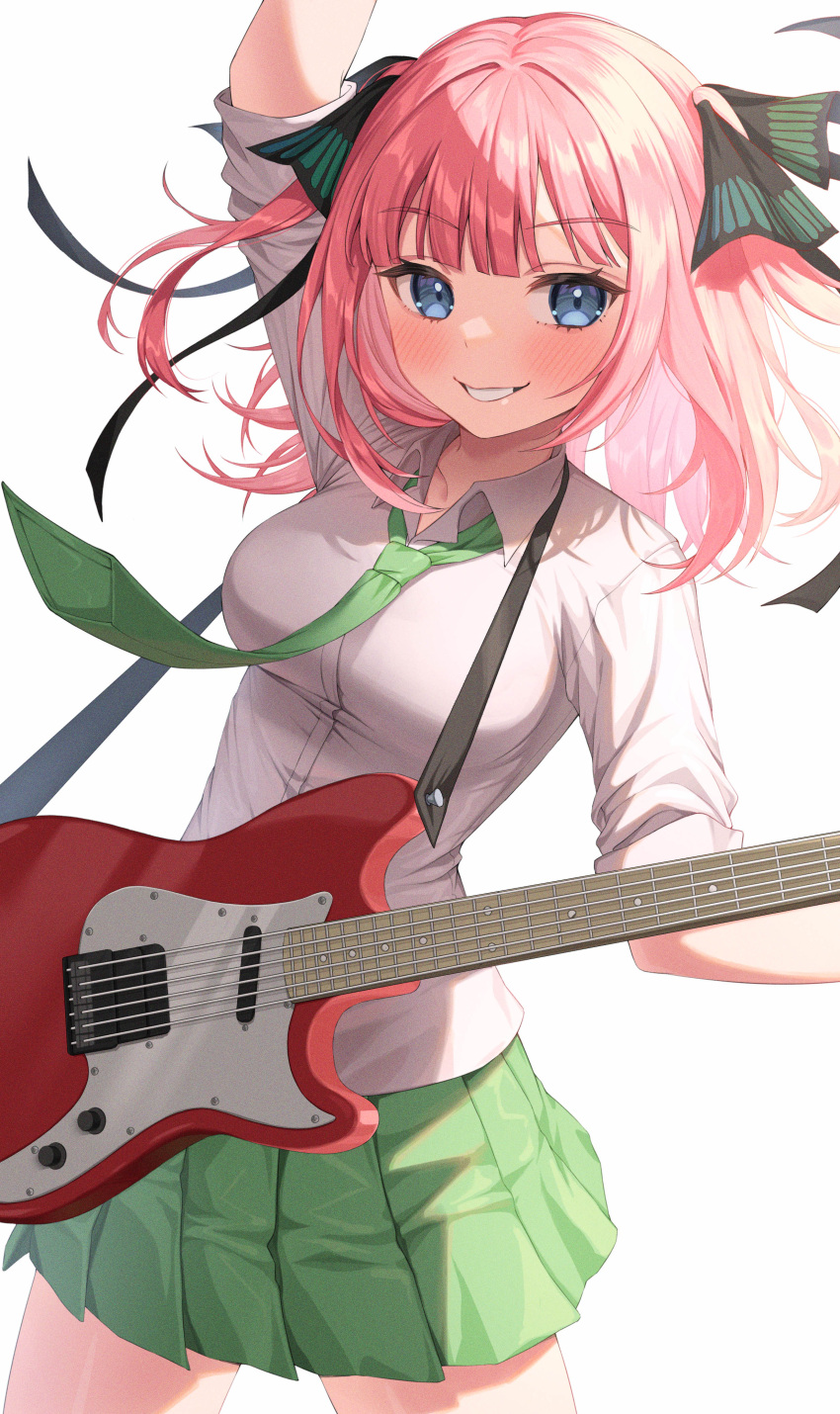 1girl absurdres arm_up bangs black_ribbon blue_eyes blunt_bangs blush breasts collarbone collared_shirt commentary_request cowboy_shot eyebrows_visible_through_hair go-toubun_no_hanayome green_neckwear green_skirt grin guitar hair_ornament hair_ribbon highres holding holding_instrument instrument large_breasts long_hair long_sleeves looking_at_viewer medium_breasts miniskirt nakano_nino necktie pink_hair pleated_skirt ribbon shirt simple_background skirt smile solo standing striped striped_neckwear teeth two_side_up white_background white_shirt xiho_(suna)