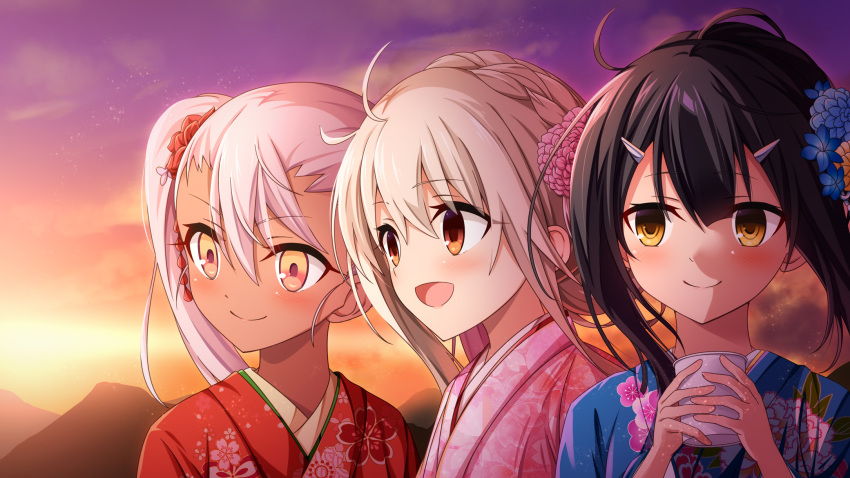 3girls bangs black_hair blush breasts brown_eyes chloe_von_einzbern dark_skin dark-skinned_female fate/kaleid_liner_prisma_illya fate_(series) gradient_sky hair_between_eyes hair_ornament hairclip highres illyasviel_von_einzbern japanese_clothes kimono long_hair miyu_edelfelt morokoshi_(tekku) multiple_girls orange_eyes orange_sky pink_hair purple_sky red_eyes sidelocks sky small_breasts sunset twilight white_hair