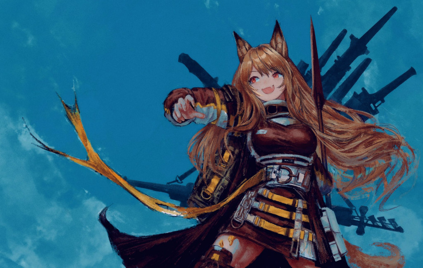 1girl :d animal_ears arknights arm_up bangs breasts ceobe_(arknights) commentary cowboy_shot dog_ears dress eyebrows_visible_through_hair fang floating_hair hair_between_eyes highres holding holding_staff holding_weapon hoyopamusu jacket long_hair long_sleeves looking_away multicolored multicolored_clothes multicolored_jacket multiple_straps multiple_weapons open_clothes open_jacket open_mouth red_eyes shoulder_guard sidelocks sideways_glance smile solo staff standing very_long_hair weapon white_jacket